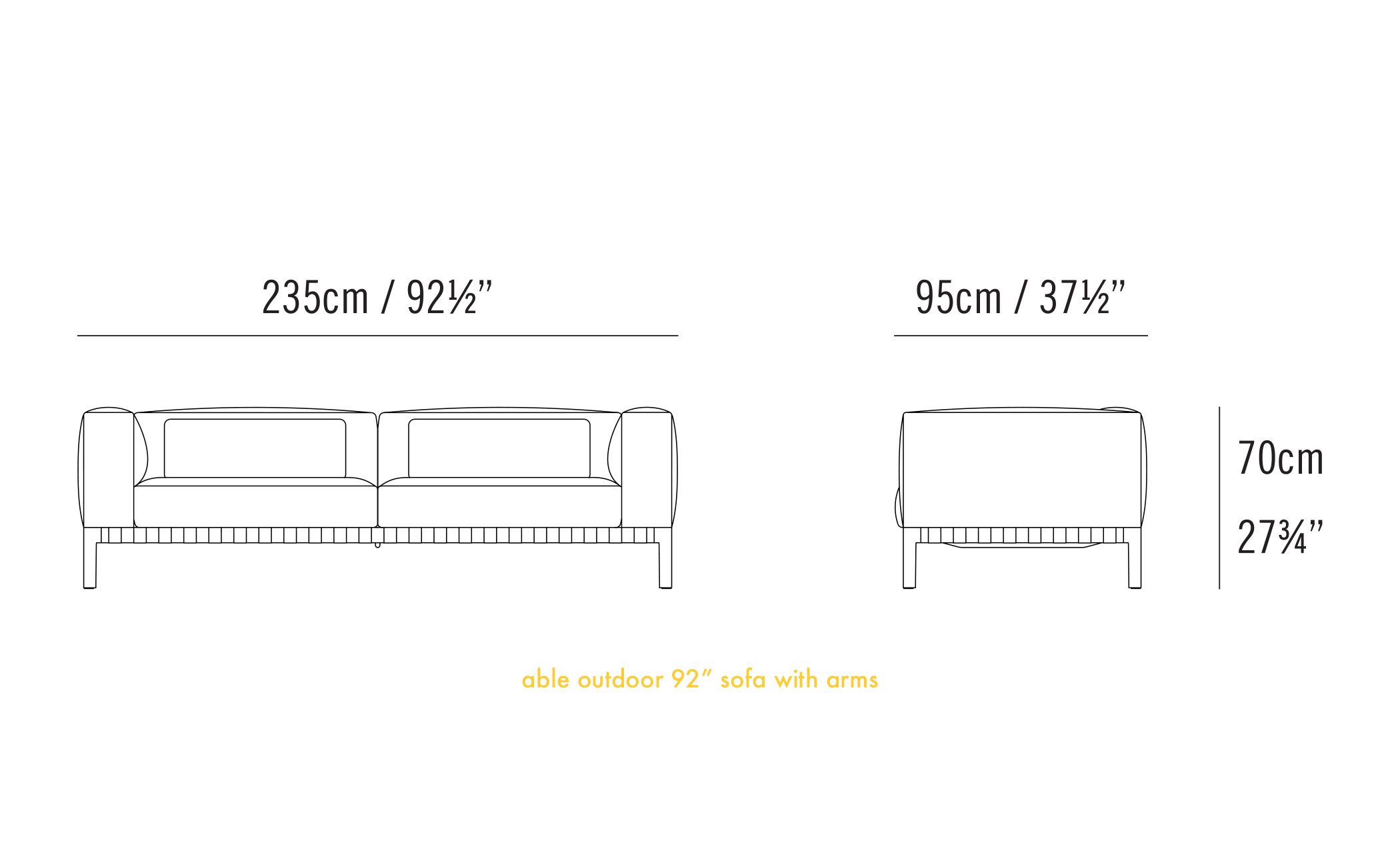 able outdoor 92 inch sofa with arms