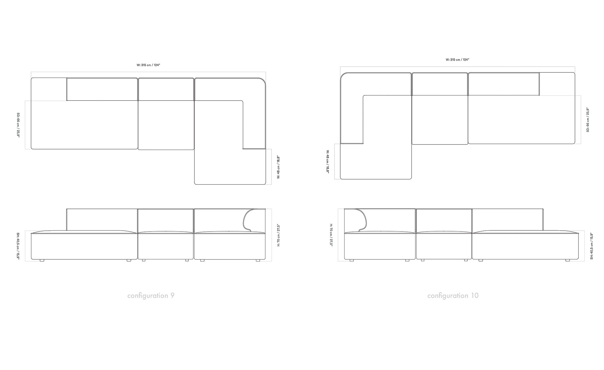 Eave Open Ended Sofa with Chaise 38" depth
