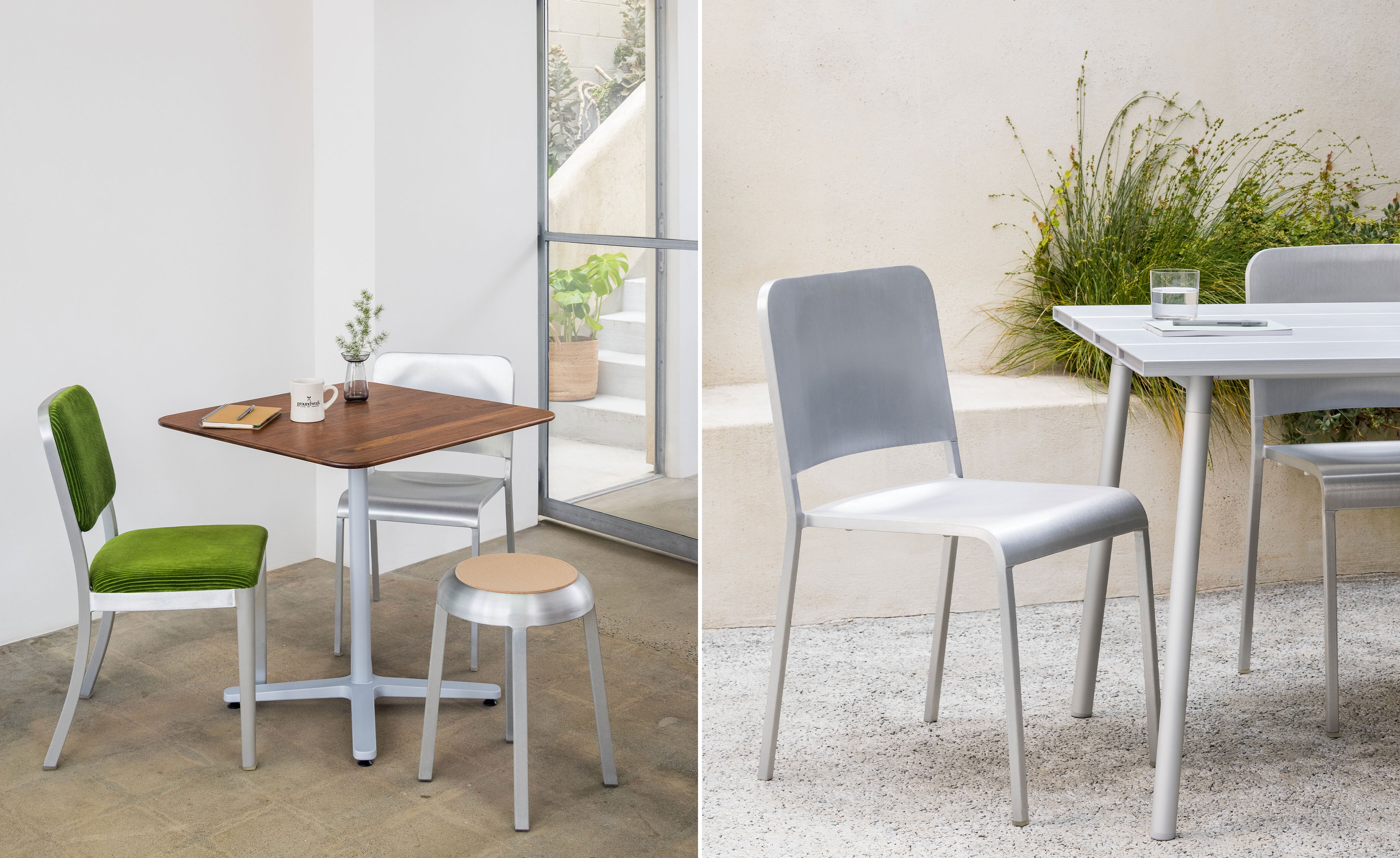 emeco 20-06 stacking chair with upholstered seat