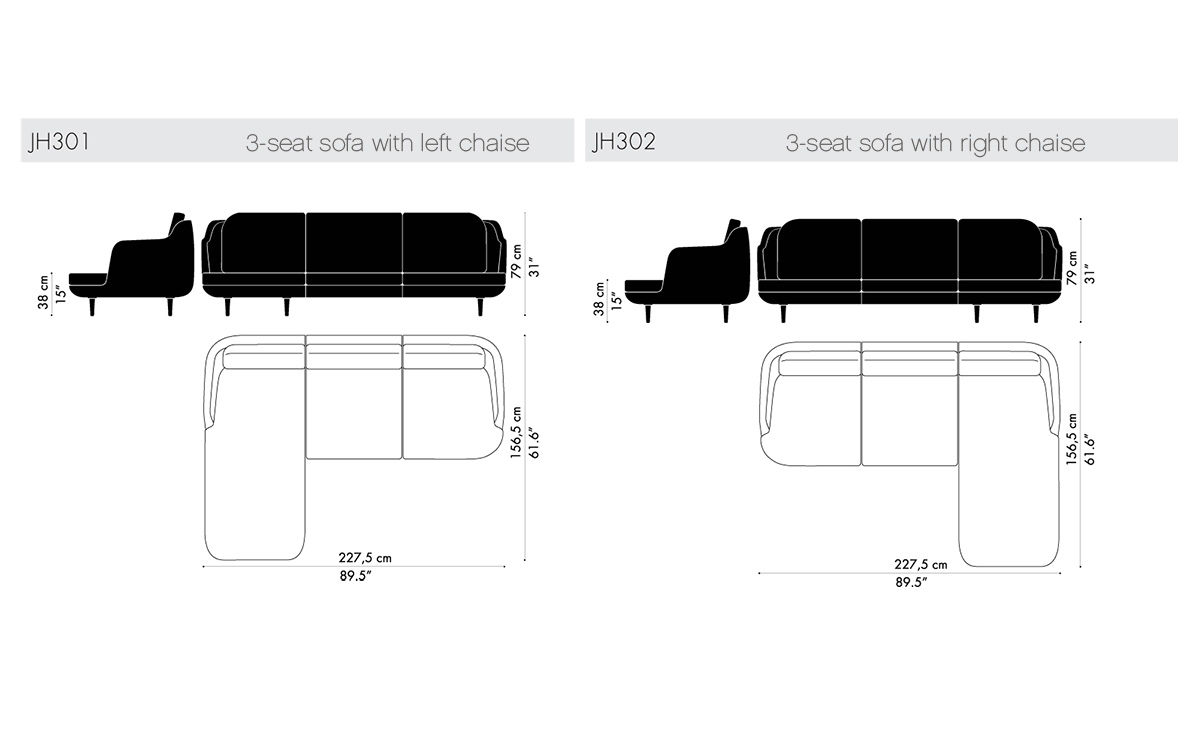 lune 3 seat sofa with chaise